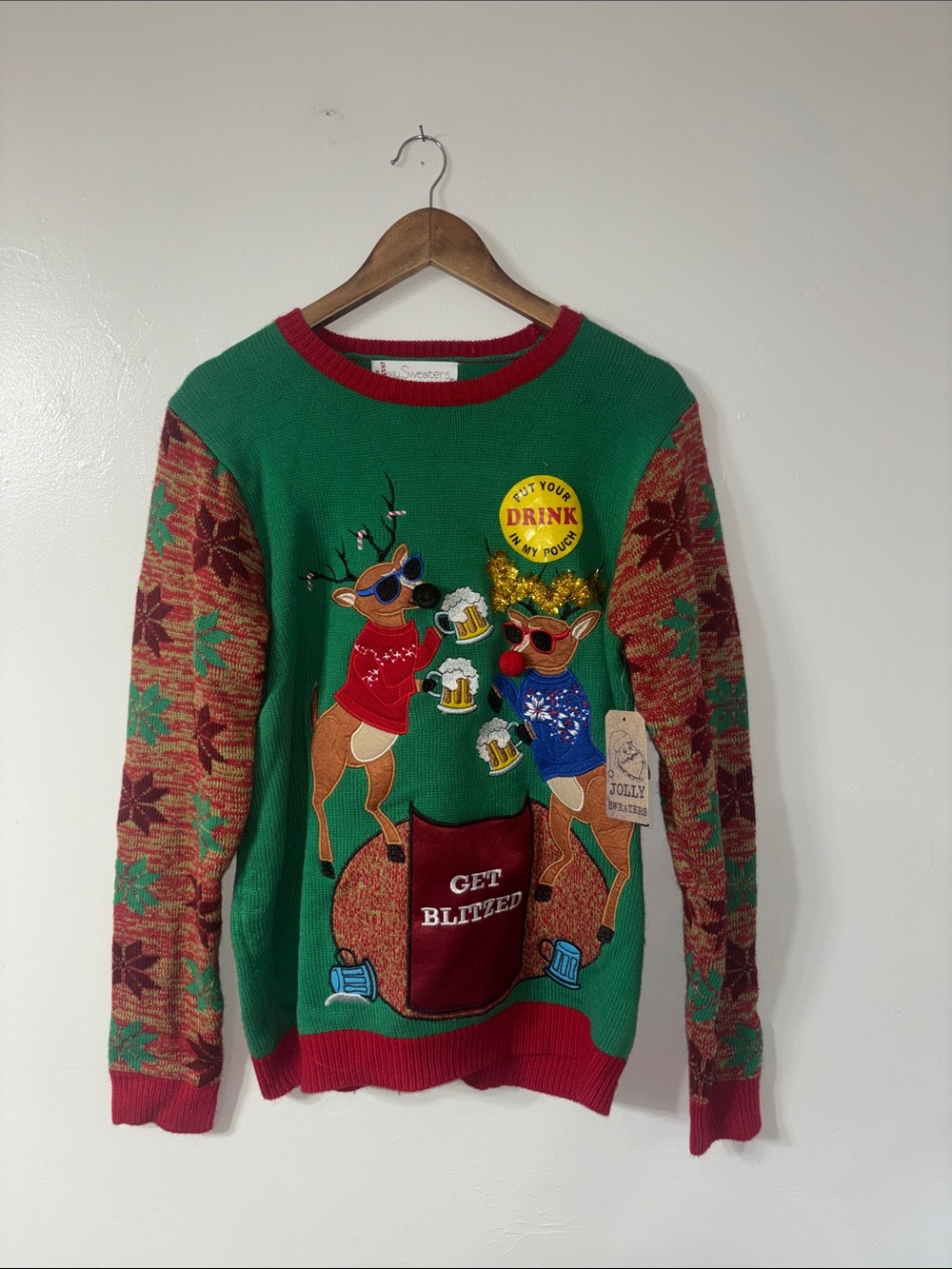 Jolly Sweaters Mens Ugly Christmas Sweater Drunk Reindeer Beer Pocket Green M